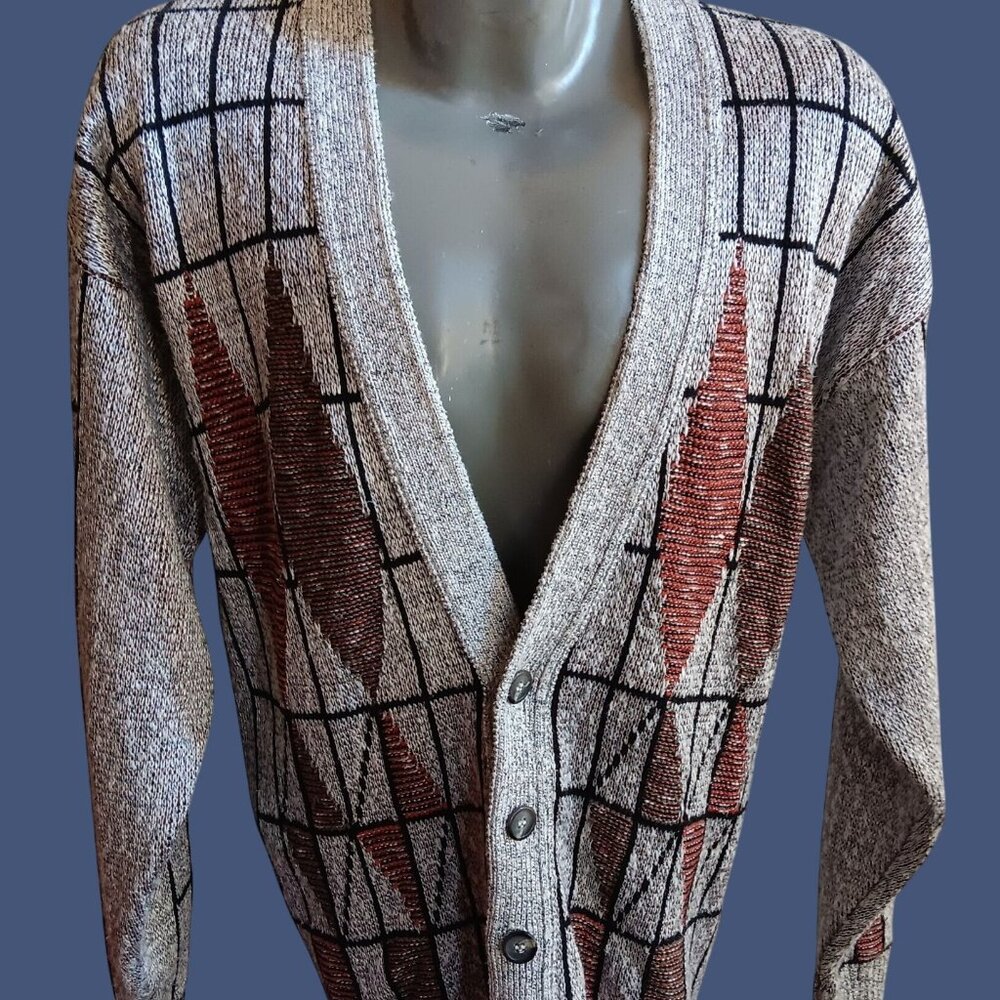 Vintage Men's Cardigan Sweater Large 1990's Ugly Geometric Silver Rayon/Cotton